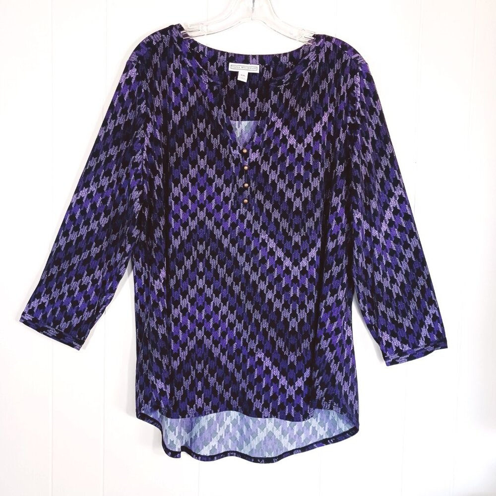 Dana Buchman Purple Print Pullover Blouse Gold Tone Buttons Size XXL